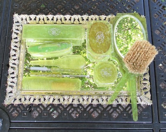 Antique 1920&#39;s Art Deco  19 piece Vanity Set, Bakelite Celluloid Green