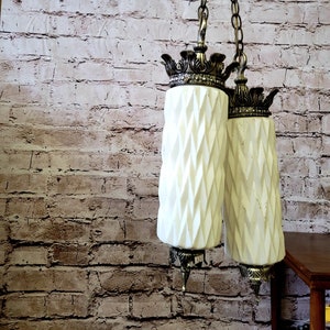 Vintage Pair Art Deco Hollywood Regency, Hanging Swag Pendant Lamps Milk Glass Brass Mid Century