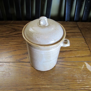 May include: A white ceramic jar with a lid and a handle. The jar has a speckled glaze and a rustic look.