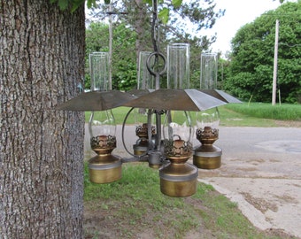 Vintage Italian Rustic Four (4) Light Hurricane Chandelier with Metal Shades Mid Century Lighting