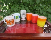 Vintage Fire King Glasbake Mug Set, Yellow Orange Ombre, Flowers Chickens, Lovers Cup