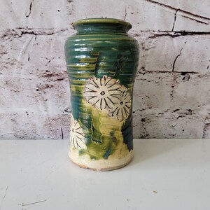 Antique Bendigo Pottery Vase Daisy Design Green, Stoneware, Vintage Daisies