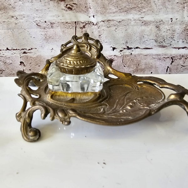 Vintage Brass Inkwell,  Bronze Ornate Scholar Desk Inkwell, Writing, Calligraphy, with Additional Glass Inkwell