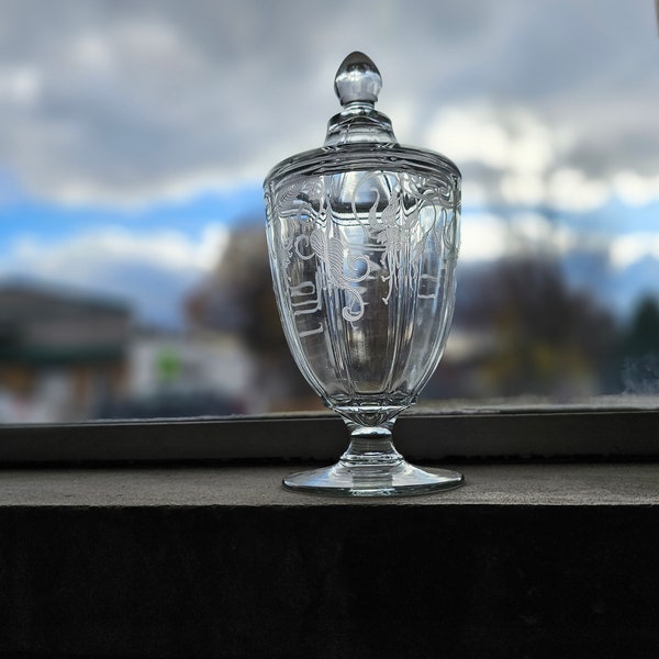 Antique Candy Jar W/Lid Styled W/Echings