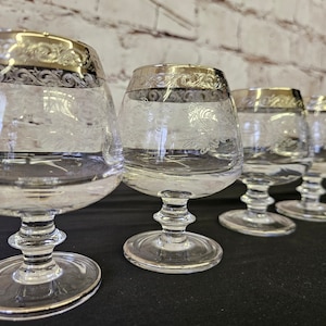Murano PLATINUM trimmed Vintage Brandy Glasses | Heavily Etched, Set 6 Six