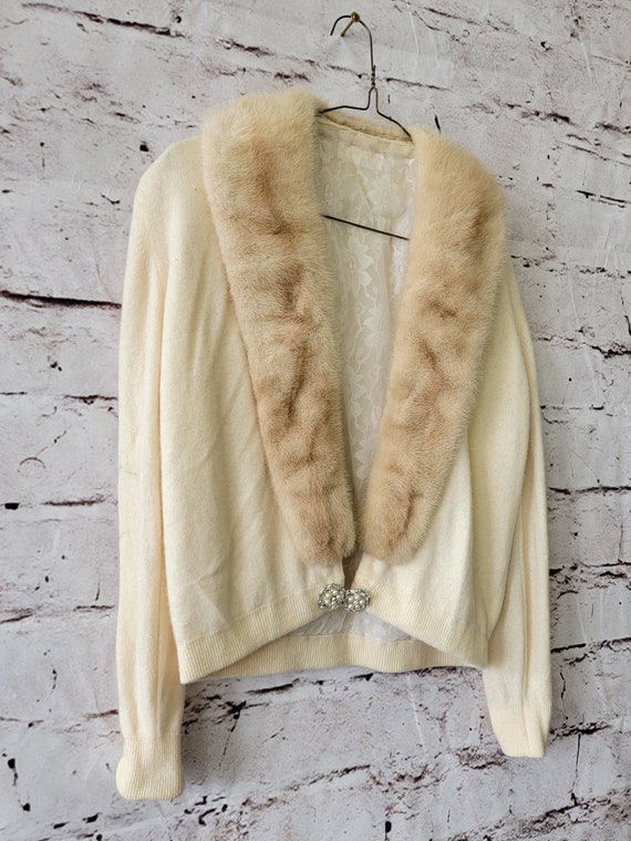 1950s mink fur collar beige & brown rhinestone bu… - image 6