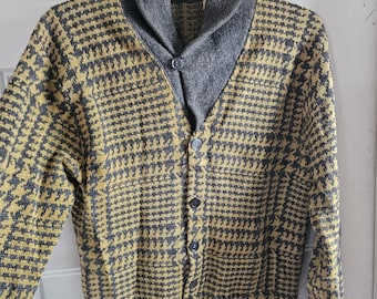 Vintage 60s Cayuga by Himalaya Houndstooth Cardigan | Yellow & Grey Shawl Collar Sweater | Rockabilly Mod Grandpa Core Knitwear | Large