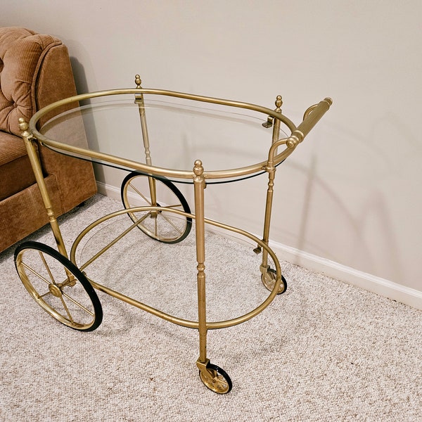 Mid Century Brass and Glass Tea / Bar Cart, on Wheels,  Serving Trolley Cart with glass trays