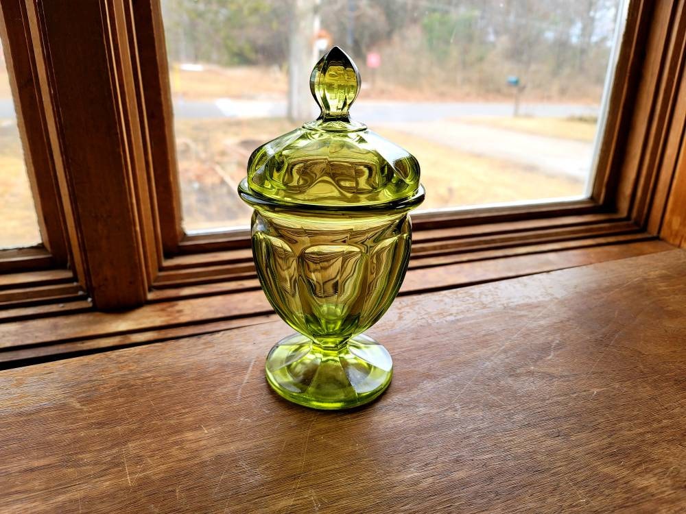 Mid Century Art Glass Footed Candy Dish w Lid MCM Mid Mod Art