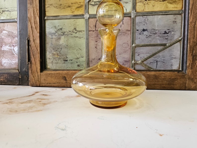Mid Century Glass Decanter, Honey Amber Vintage Art Glass, Barware . image 2