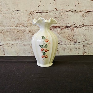 Fenton vintage hand painted signed ruffle top vase white and red0