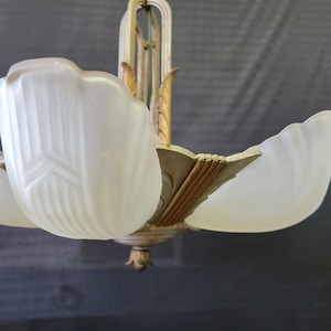 Art Deco Slip Shade Light Markel 5 Shade Chandelier with Chevron Satin White Shades, 1936