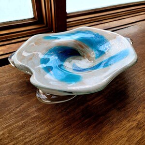 Murano Fratelli Toso Circus Tent / Pinwheel Art Glass Blue White Gold Flecked Bon Bon Bowl Dish Vintage - MCM Mid Mod - Mid Centuy