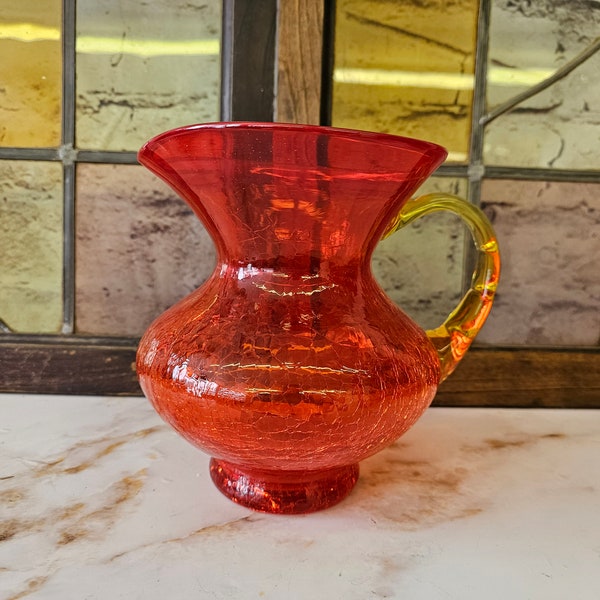 MCM, Rainbow Glass Co. Crackle Glass Pitcher, Orange and Red, Rainbow / Blenko Glass Co