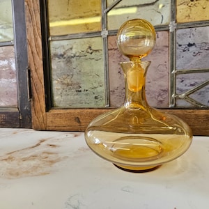 Mid Century Glass Decanter, Honey Amber Vintage Art Glass, Barware . image 1