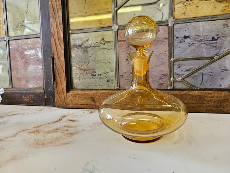 Mid Century Glass Decanter, Honey Amber Vintage Art Glass, Barware . image 1