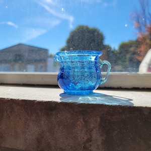 Mid Century Art Glass Window Pitcher Blue Bubble Glass, Mini Pitcher Vintage MCM