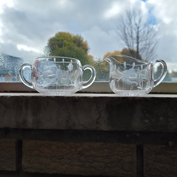 Vintage Etched Glass Creamer and Sugar, Roses and Stems Pattern