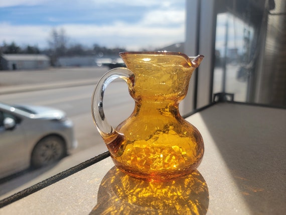 Vintage Yellow Crackle Small Glass Pitcher With Clear Handle 3.25 Tall 