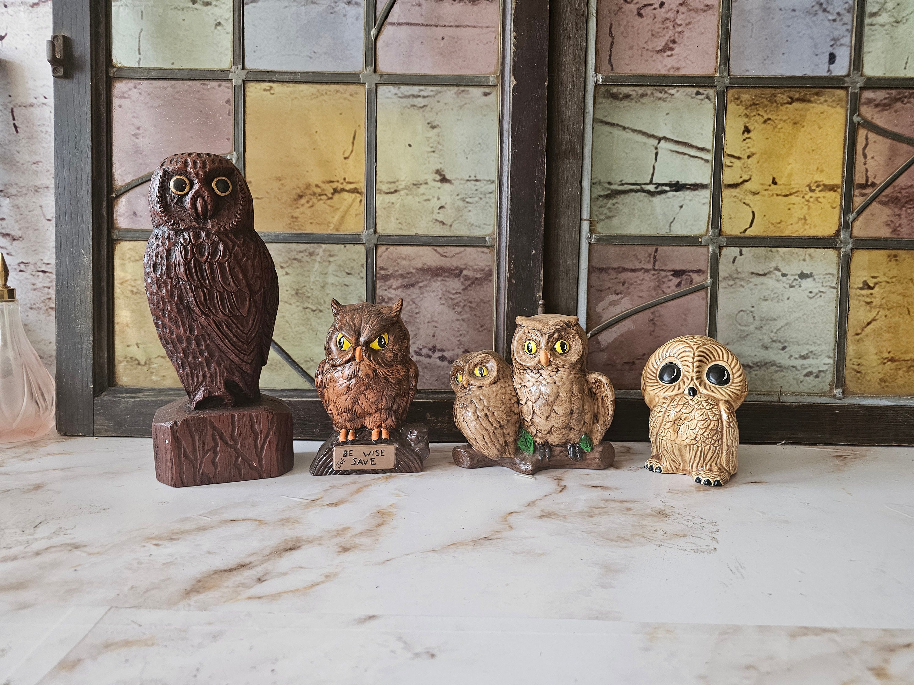 Vintage 70’s Owl Figurines Set 4 Ceramic and Wood Kitsch Decor
