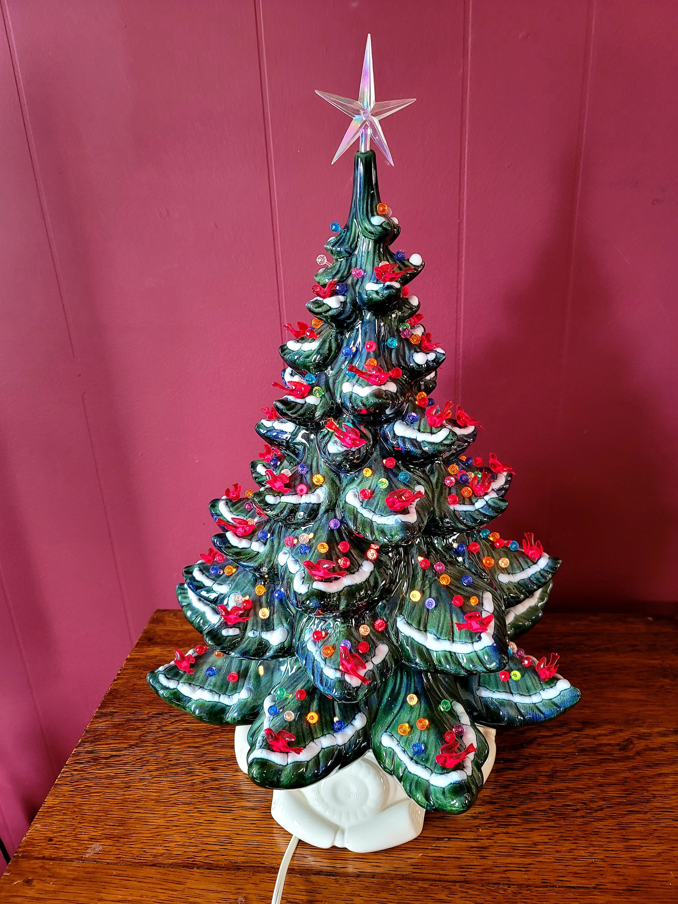 Ceramic Christmas Tree with Cardinal Lights - Green