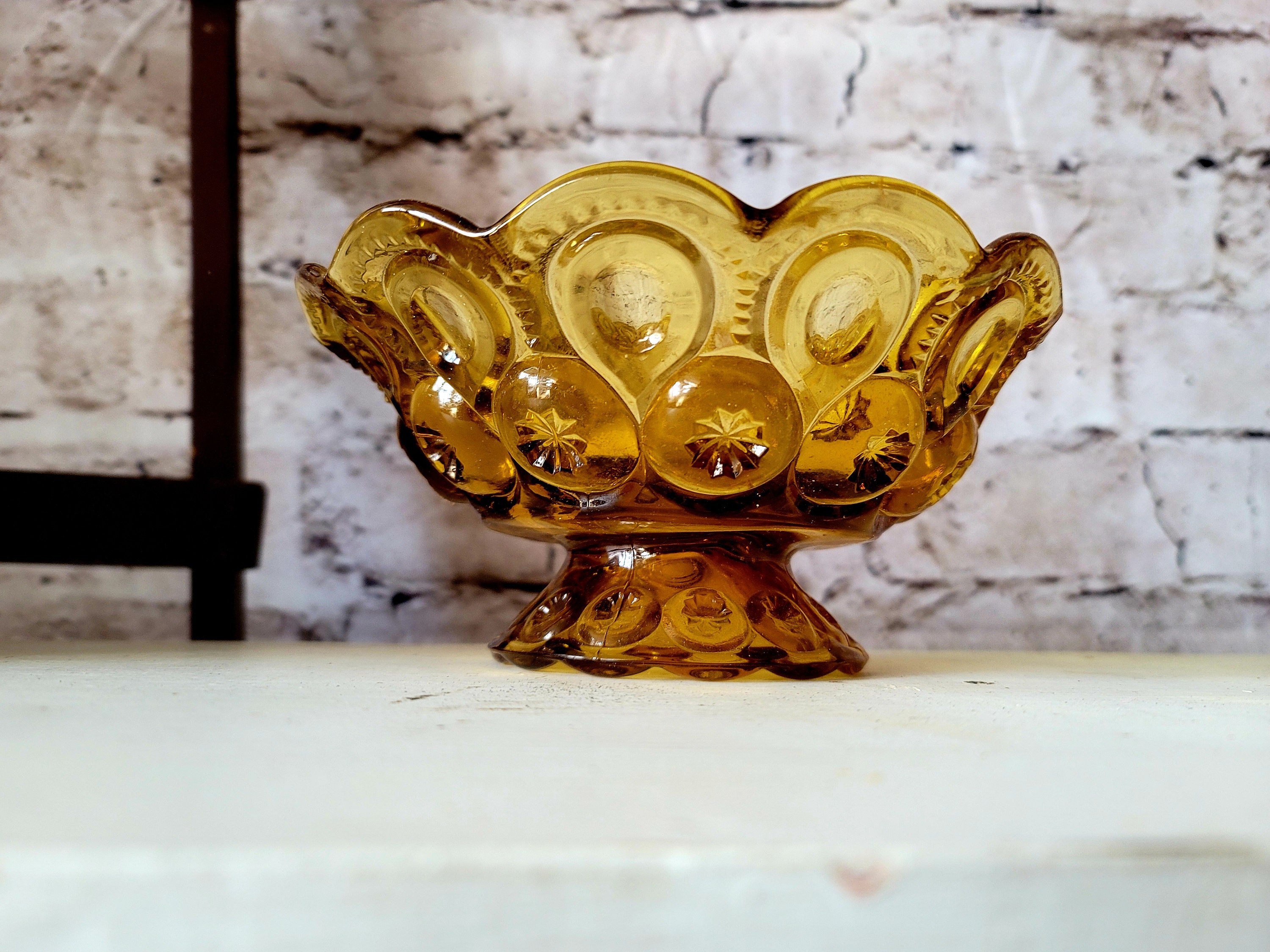 バーベキュー・調理用品 Vintage Amber Moon and Stars Goblets L.E Smith Amber Moon Stars Glass Compote