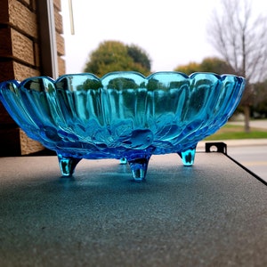 Vintage Indiana Carnival Glass Clear Cyan Blue Footed Oval Fruit Bowl
