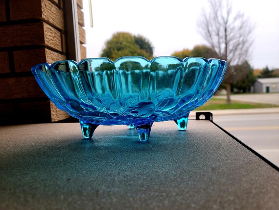 Vintage Indiana Carnival Glass Clear Cyan Blue Footed Oval Fruit