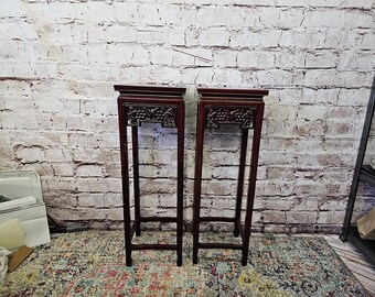 Chinese Tall End Tables, Chinese Hardwood Pedestal Stands, Set of 2, Chinese Hong Mu Vase Stand or Side Table, Plant Stand