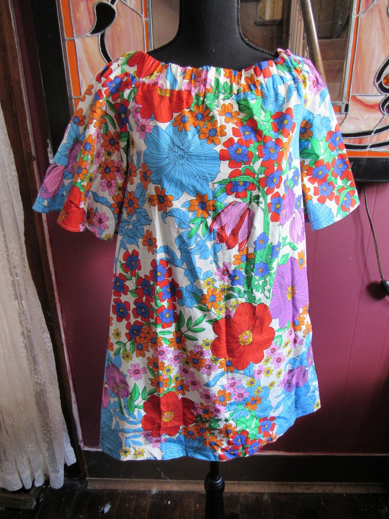 Flower Power Mod Dress XSSmall Mini Twiggy Dress,Summer Cotton Shift Dress Vintage Handmade Dress 60s Vintage Dress With Pockets