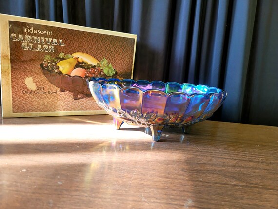 Cobalt Blue Iridescent Glass Art Fruit Bowl Centerpiece 