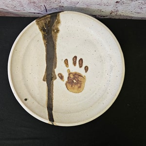 Vintage Studio Art Pottery Neutral Colors Large Platter w Small Handprint