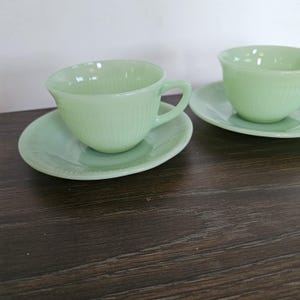 Jadeite Fire King Cup & Saucer Set - Vintage Jane Ray Cup And Saucer - Tea Coffee Cup Set - Green Milk Glass - Collectible Jadite 