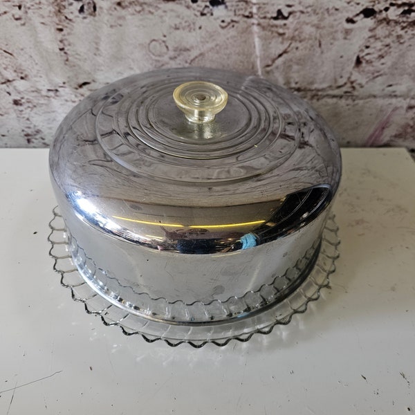 Vintage 50s Chrome Cake Keeper Swirl 11.5" Glass Footed Plate Lucite Knob EF