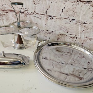 MCM Chrome, Wood, Glass Serving Tray, Relish / Condiment, and Butter Dish, Vintage, Modern, Decor