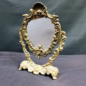 French Brass Cherub Vanity Mirror on Stand