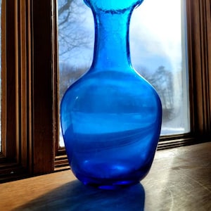 Blue Bischoff Vase Vintage Crackle Stem - Hand Blown Mid Mod Vintage - MCM Mid Century Art Glass