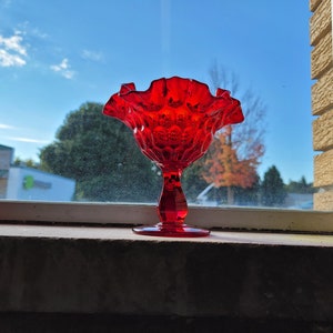 Fenton Ruby Red Ruffled Thumbprint Compote Candy Dish