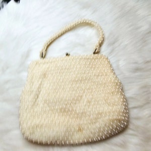 1950s Corde-Bead Small White Beaded Purse Made in USA Women's