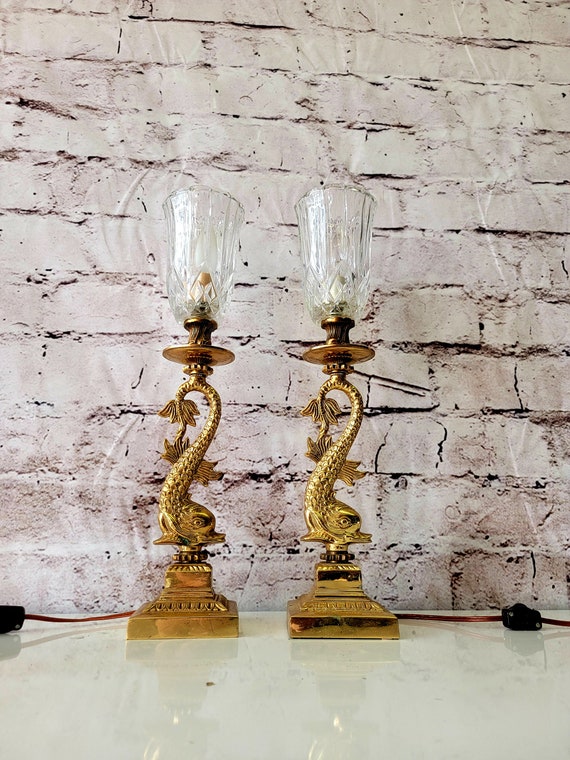 Vintage Hollywood Regency Chinoiserie Brass Koi Fish Lamps 1960s