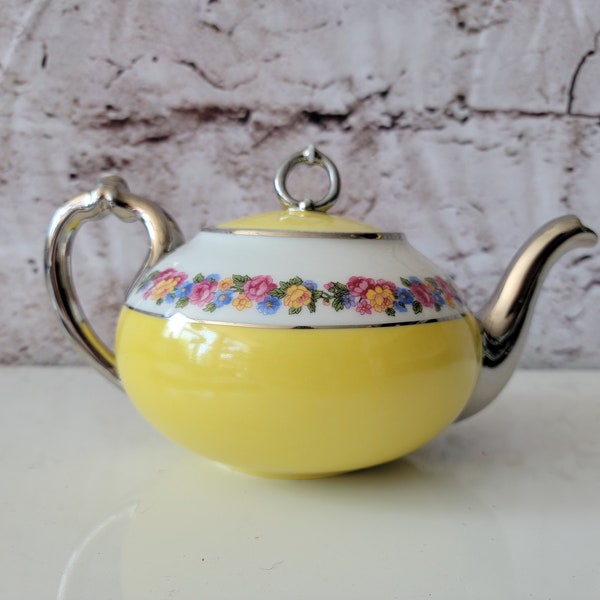 théière vintage porcelaine Bavière Allemagne Jaune Couvert Argent