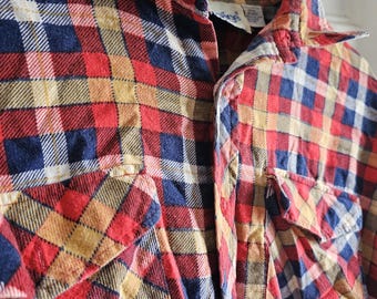 Vintage 90s Repage Flannel Shirt | Multicolor Plaid Button Up | Red Blue Yellow Checkered Grunge Top | Soft Cotton Unisex Oversized Shirt |