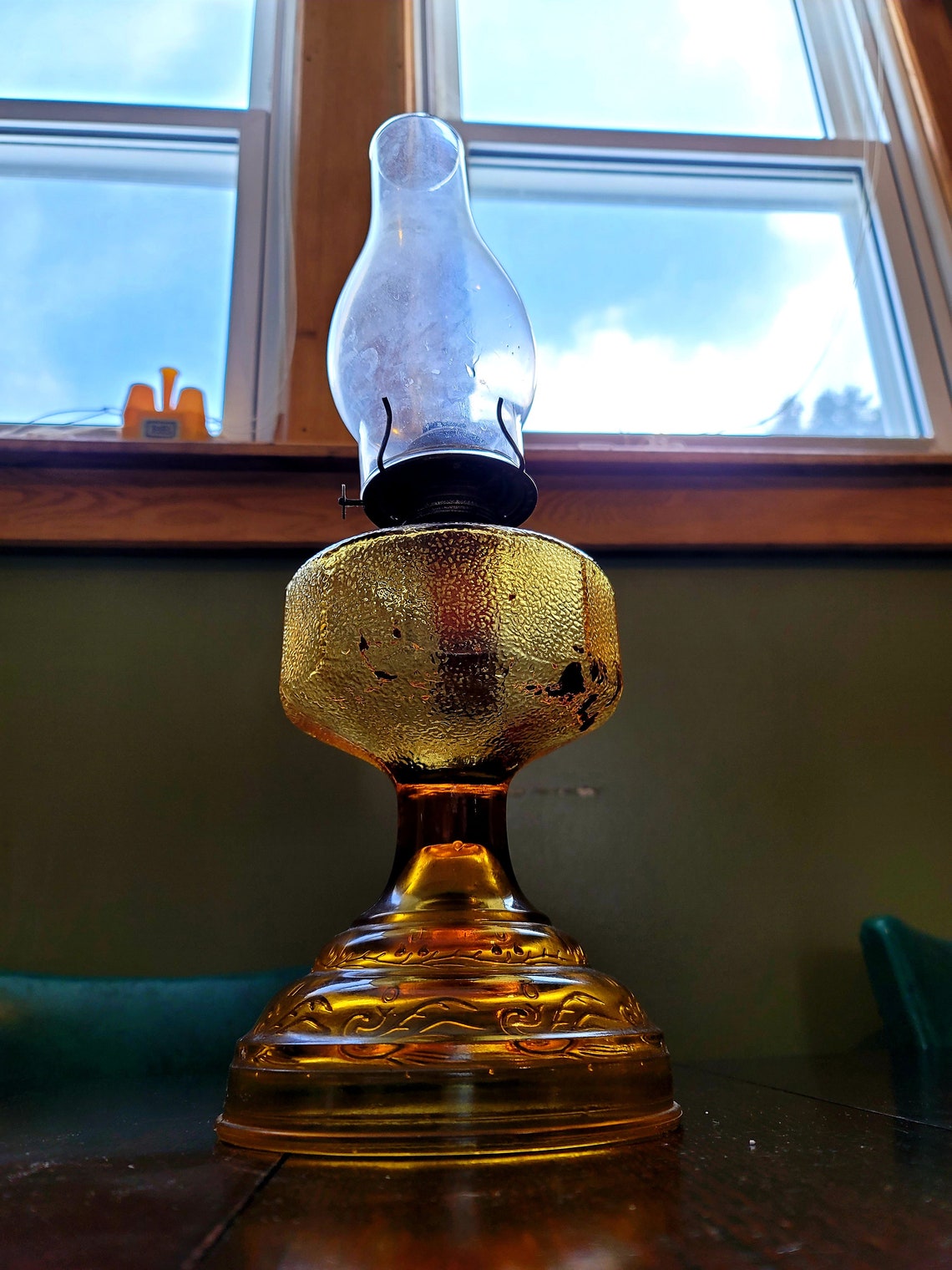 Antique Amber Glass Eagle Oil Lamp Original W Shade Etsy