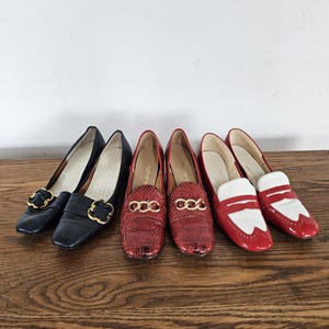 Vintage Woman's Loafers, Red Cobra Leather, Red and White Penny Loafers, "Cobbies", Blue California Cobblers Loafers, 1970s