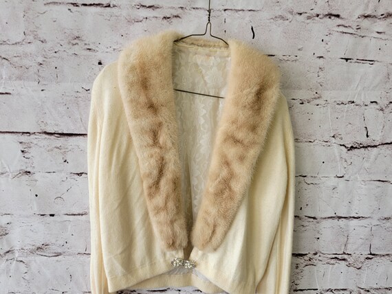 1950s mink fur collar beige & brown rhinestone bu… - image 7