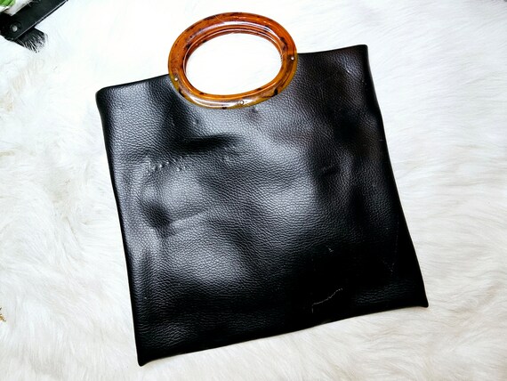 Black Foldover Clutch Bag w/ Large Tortoise Handles - Vintage Top Handle Purse