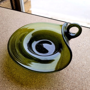 Vintage Art Glass Bon Bon Candy Dish Rainbow Hand Blown Olive Green Bon Bon Dish w Handle