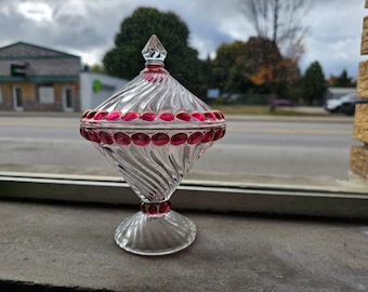 Vintage Swirl and Ball de Westmoreland Glass Clear Red Flash Candy Dish Footed