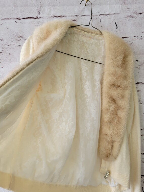 1950s mink fur collar beige & brown rhinestone bu… - image 5