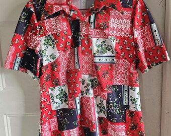 Vintage 70s Patchwork Blouse | Retro Red White Blue Floral Knit Shirt | Disco Collar Boho Prairie Top | Bicentennial Calico Print | Small